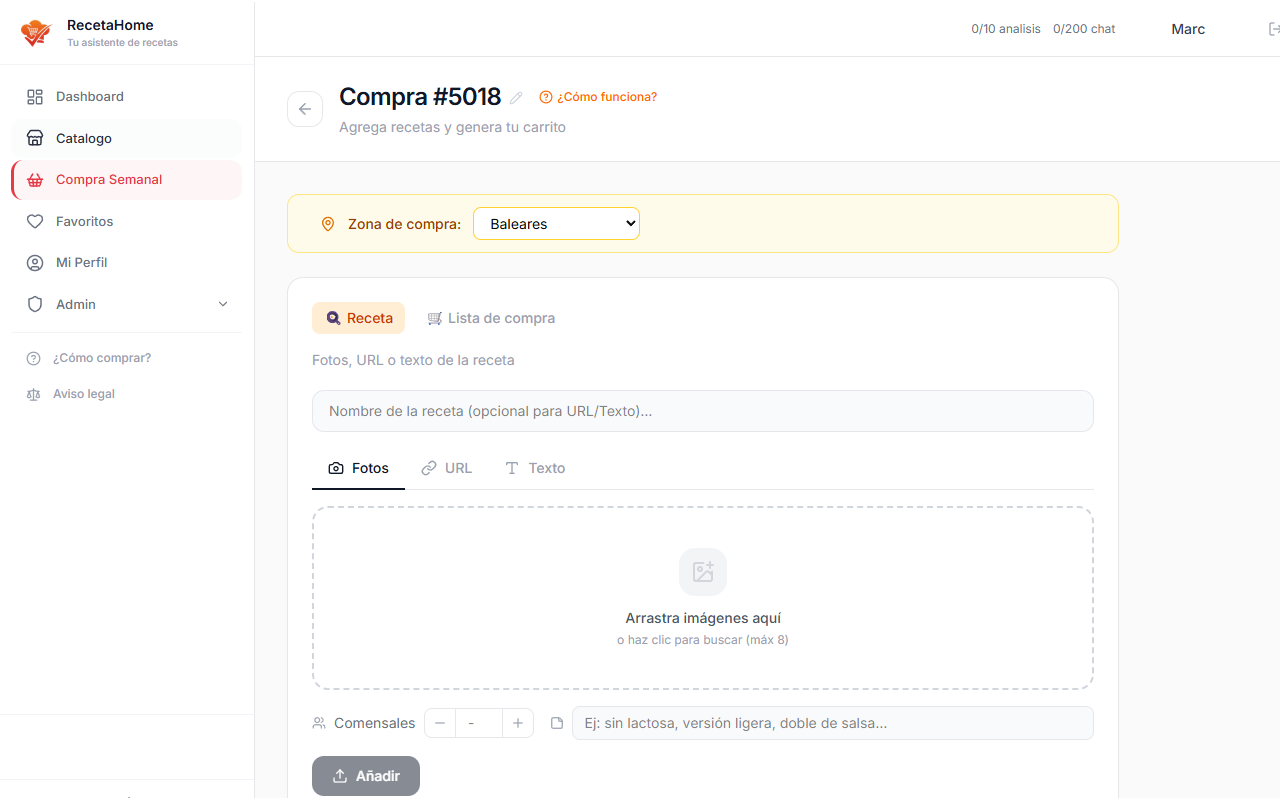 Sube recetas por foto, URL o texto